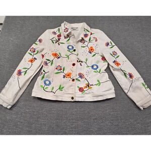 Ann Trinity Pearson Evelyn White Embroidered Floral Bird Denim Jacket L Mens